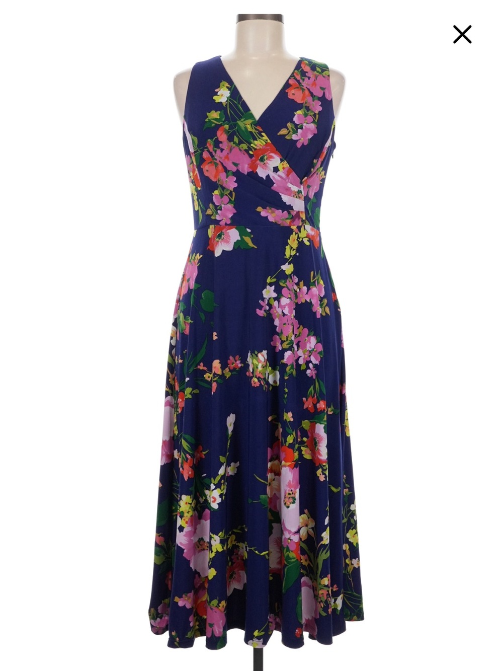 Ralph Lauren Navy Floral V-Neck Fit & Flare Dress